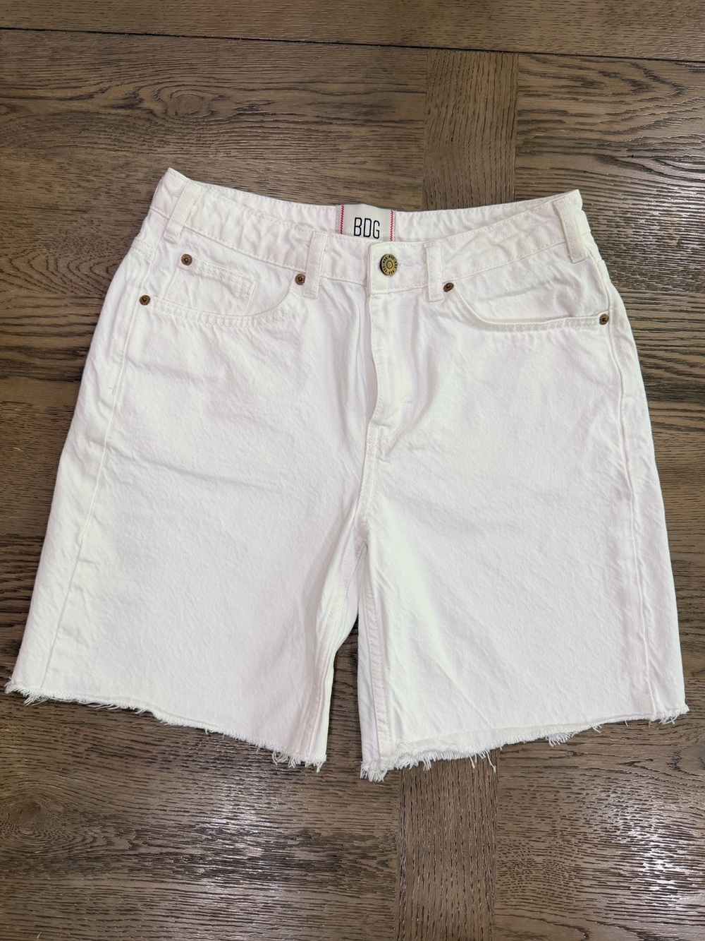 BDG White Denim Bermuda Jort Shorts with Raw Hem 5 Pocket Design